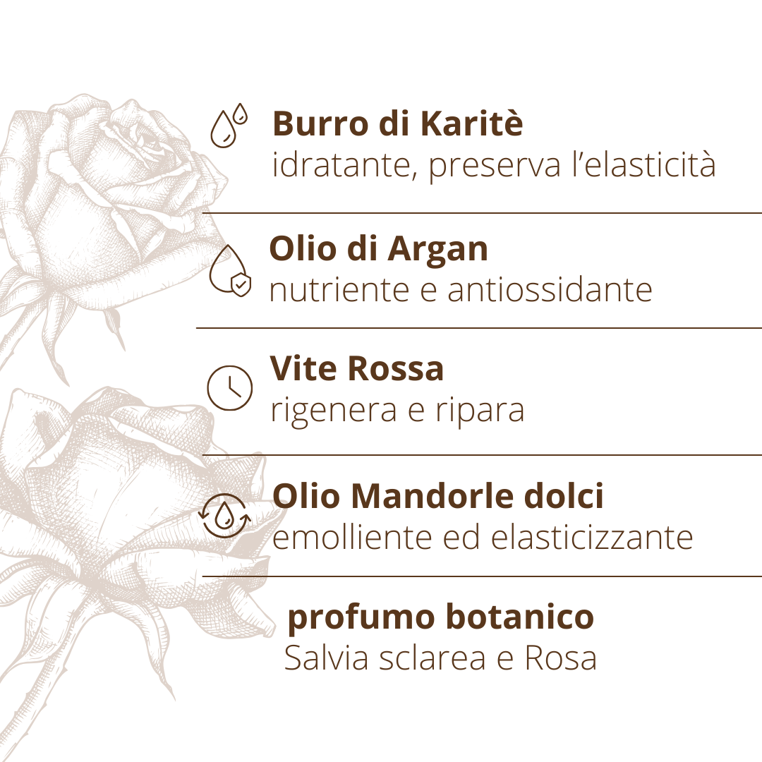 Crema corpo nutriente rigenerante Rosa Argan Karite Vite rossa