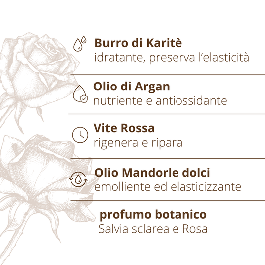 Crema corpo nutriente rigenerante Rosa Argan Karite Vite rossa