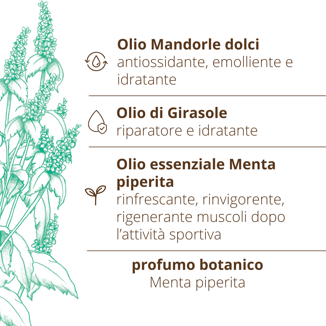 Olio corpo aromaterapico Menta Piperita rinvigorente tonico