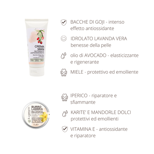 Set cosmesi naturale crema mani e burro labbra
